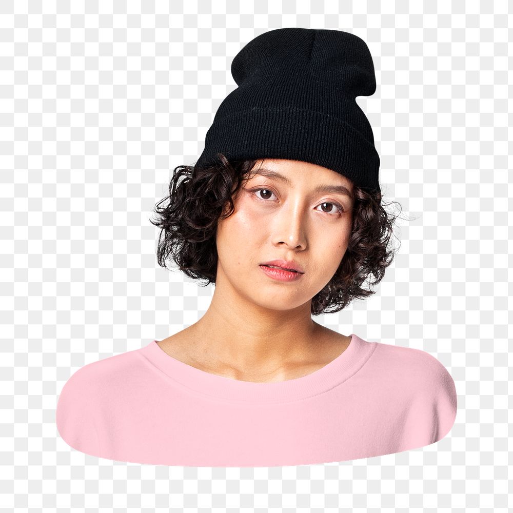 Png woman in pink sweater and black beanie, winter apparel, transparent background