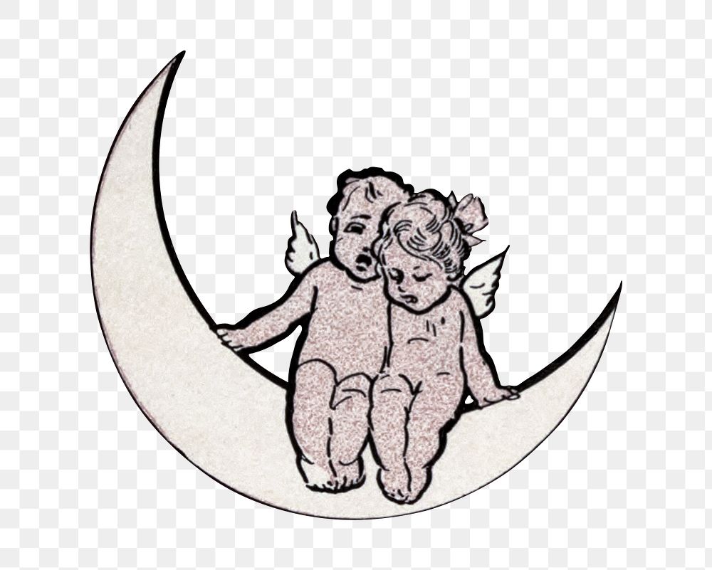 Vintage cherubs png sitting on crescent moon illustration, transparent background. Remixed by rawpixel. 