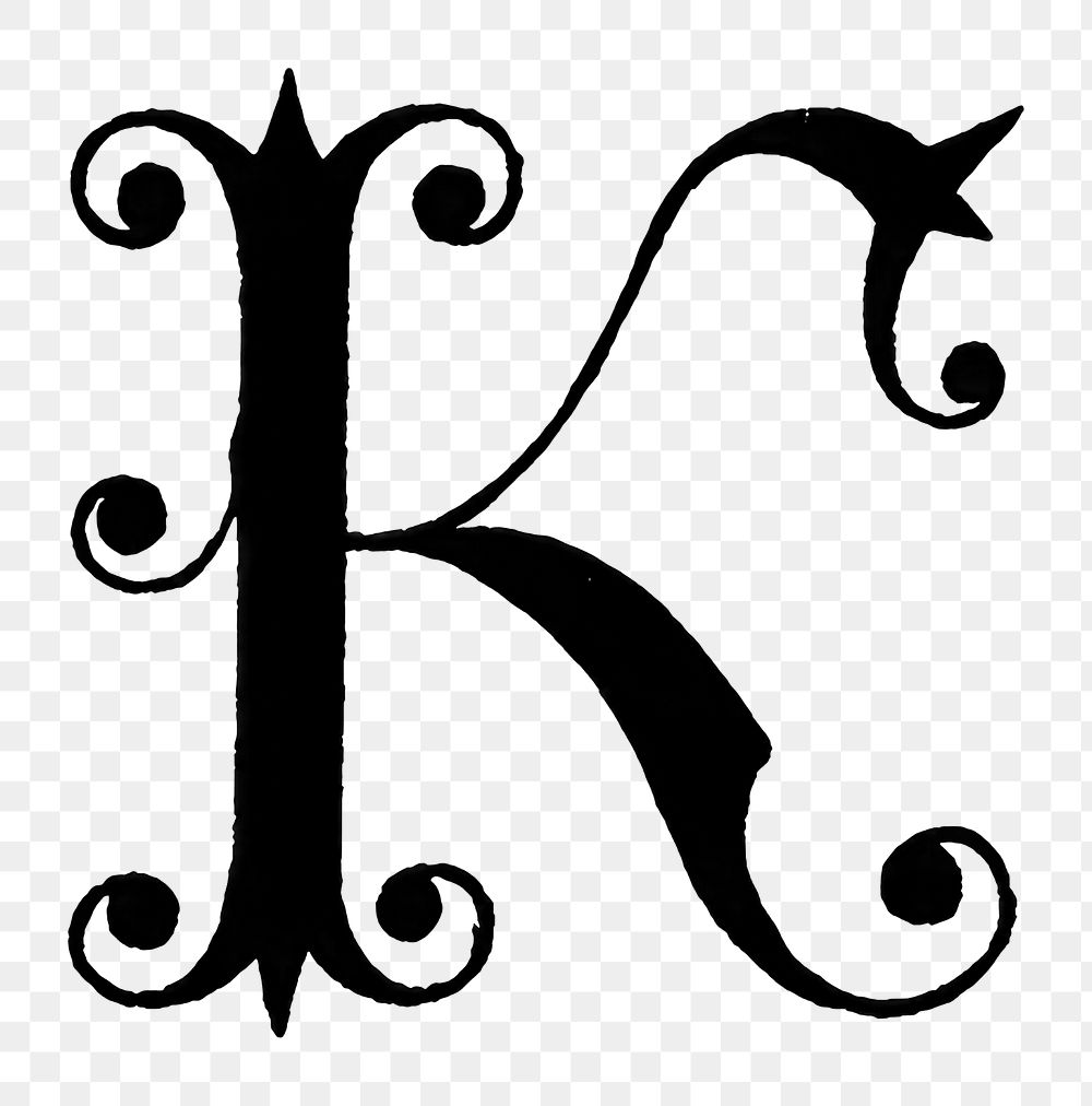 K letter PNG, 12th-century calligraphy font, transparent background