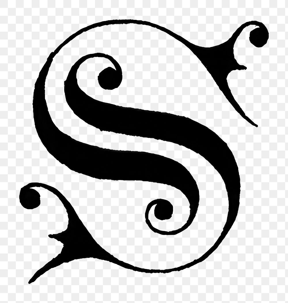 S letter PNG, 12th-century calligraphy font, transparent background