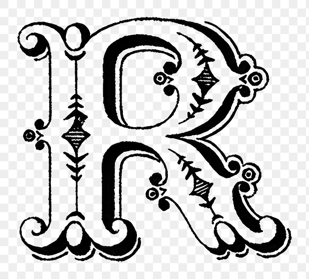 R letter PNG, ornamental font, transparent background