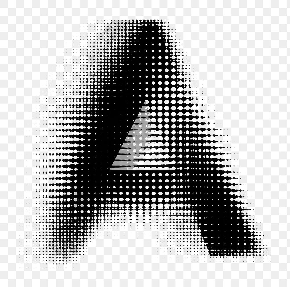 Halftone letter A black white background monochrome.