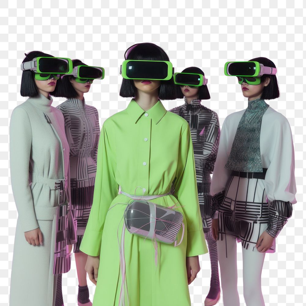 PNG  Group shot of diversity cybernatic wearing futuristic virtual reality glasses fashion accessories accessory.