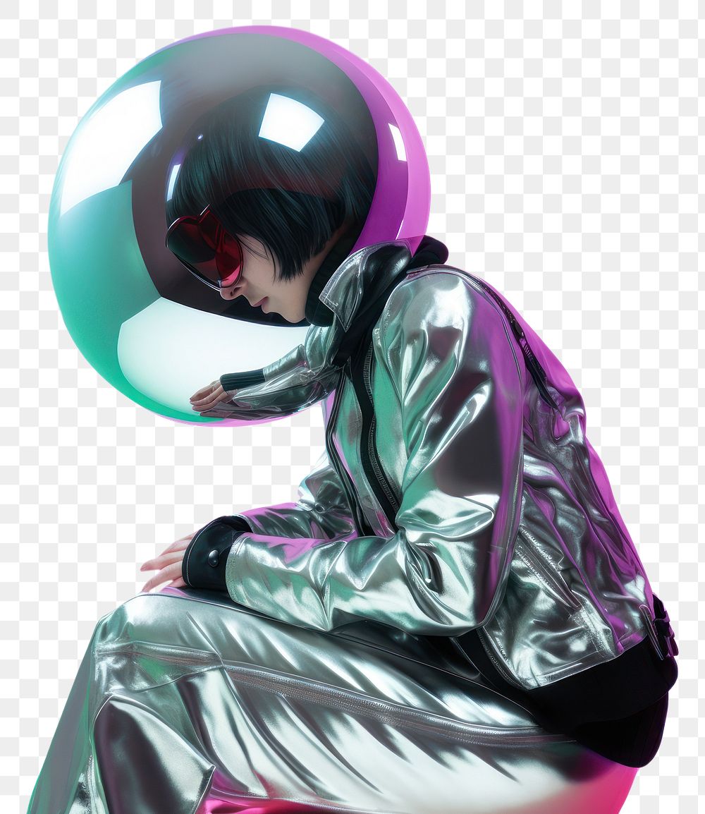 PNG  A cyberpunk astronaut floating in metalic bubble accessories accessory clothing.