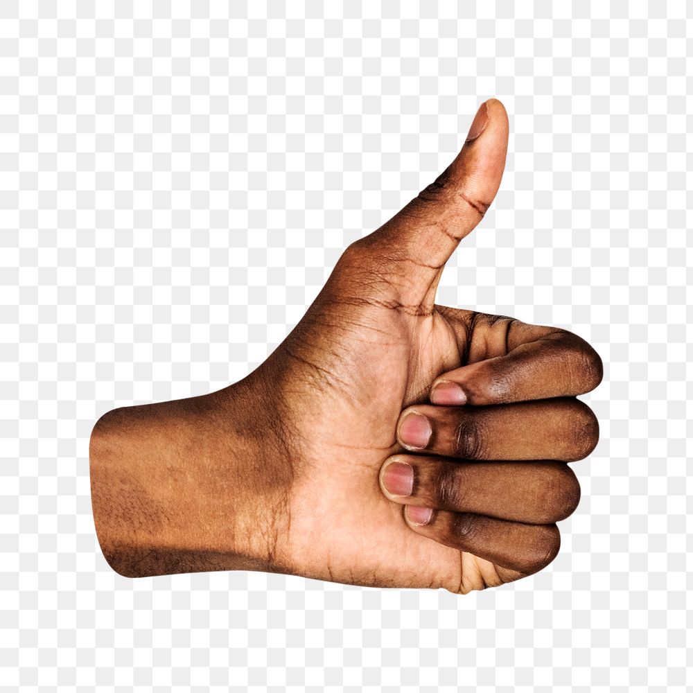 Thumbs up png black hand gesture sticker, like sign language on transparent background