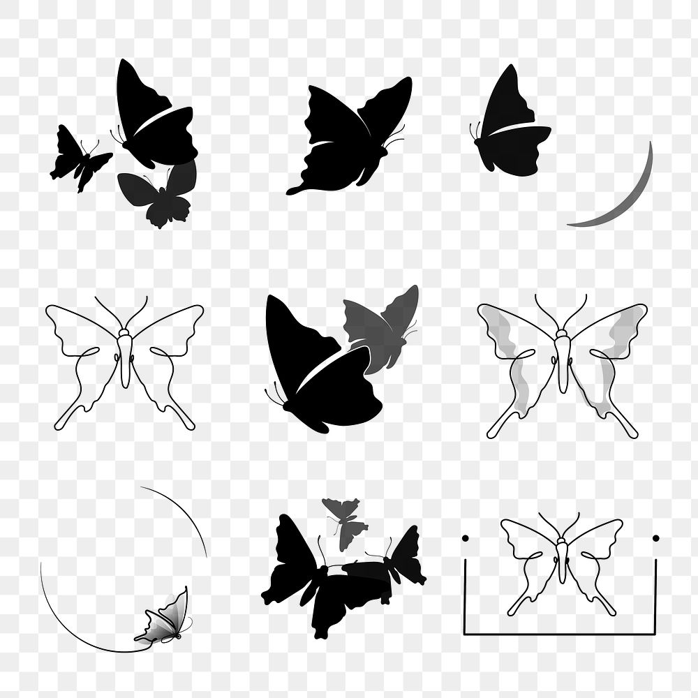Butterfly png logo badge, black color, aesthetic flat design set