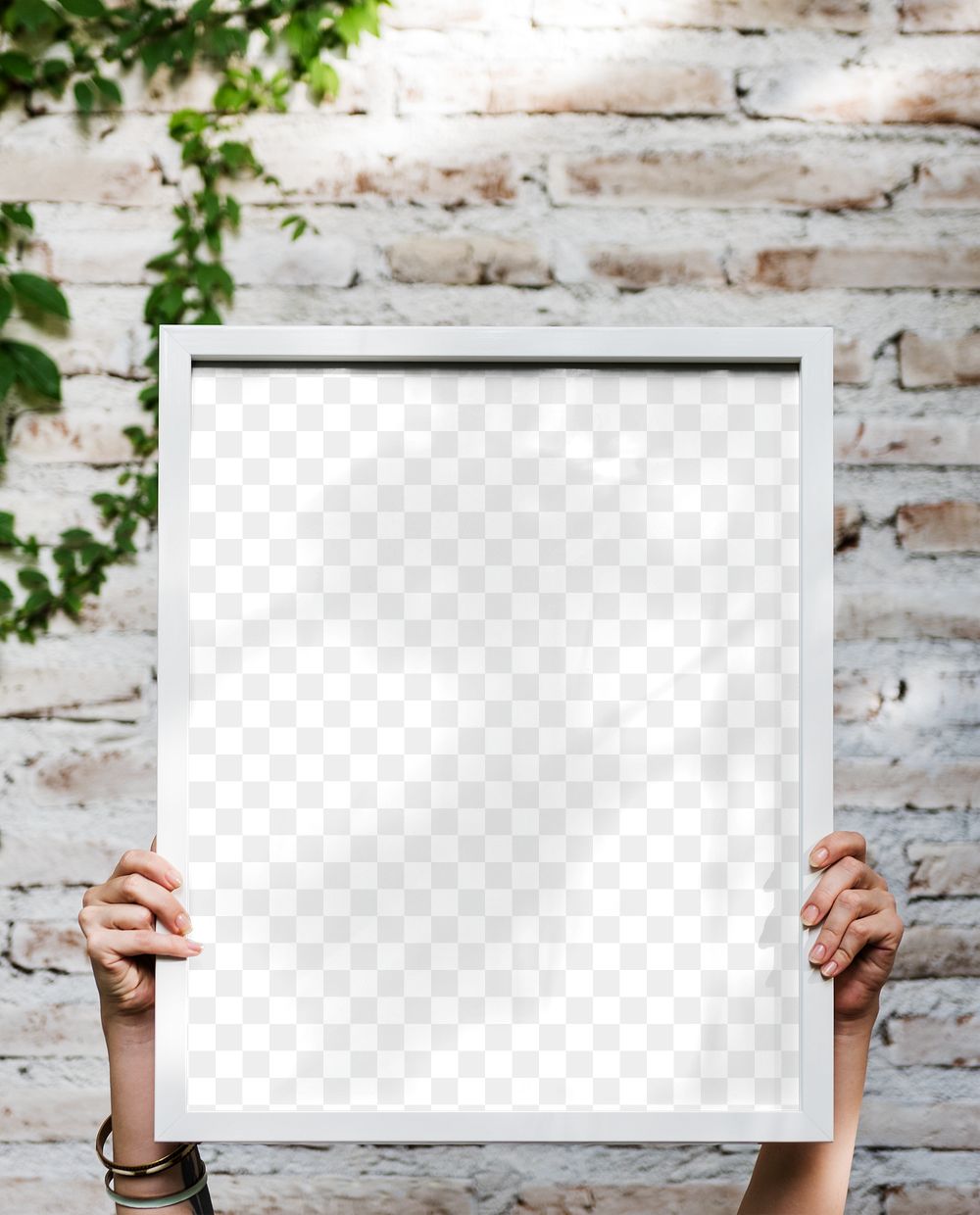 Woman holding white frame mockup transparent png