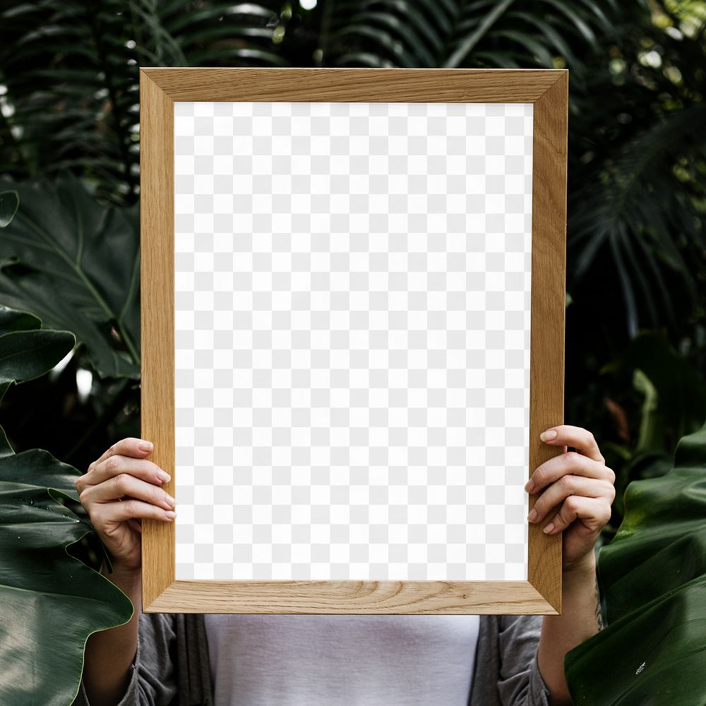 Wooden picture frame png mockup held by woman
