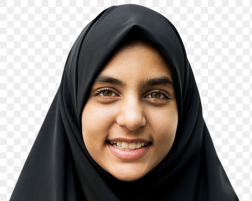 Muslim woman png transparent, smiling face cut out