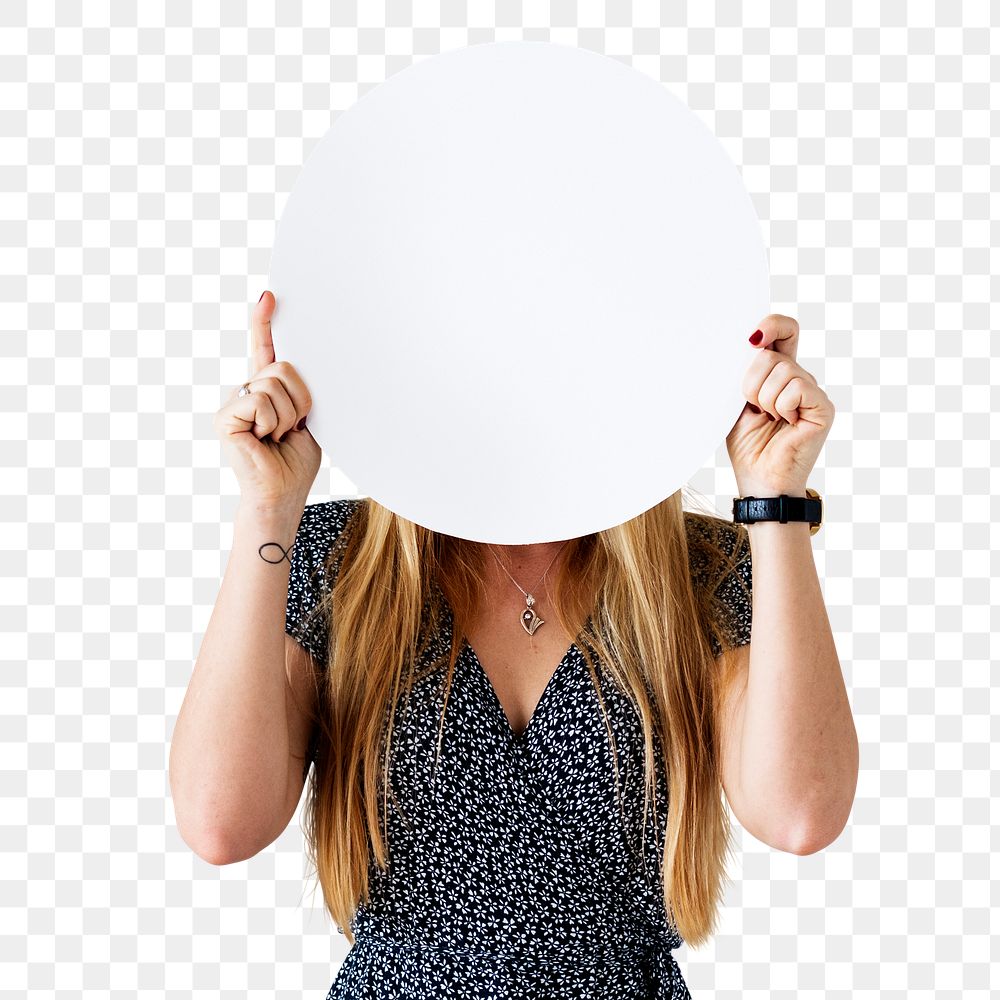 Cheerful woman holding a round board transparent png