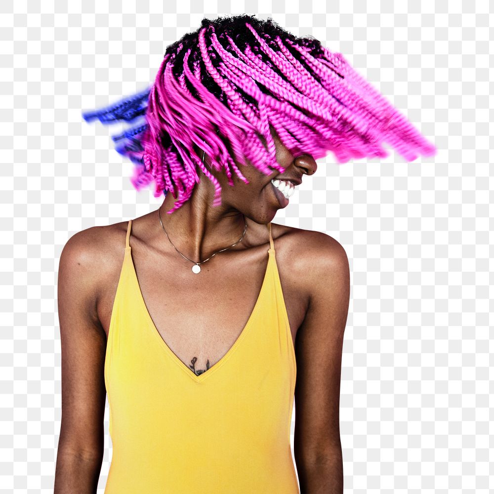 Cheerful woman png cut out, flipping hair on transparent background