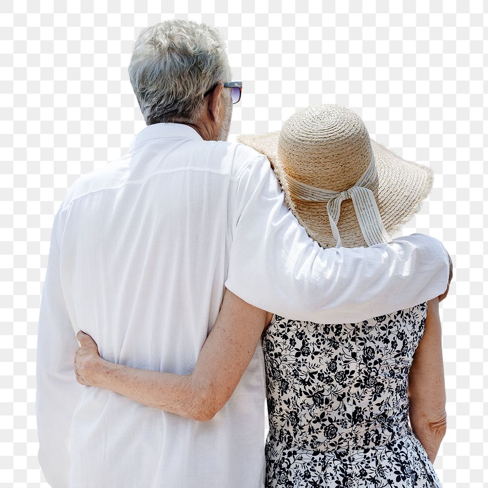 Mature couple png cut out, back hugging on transparent background