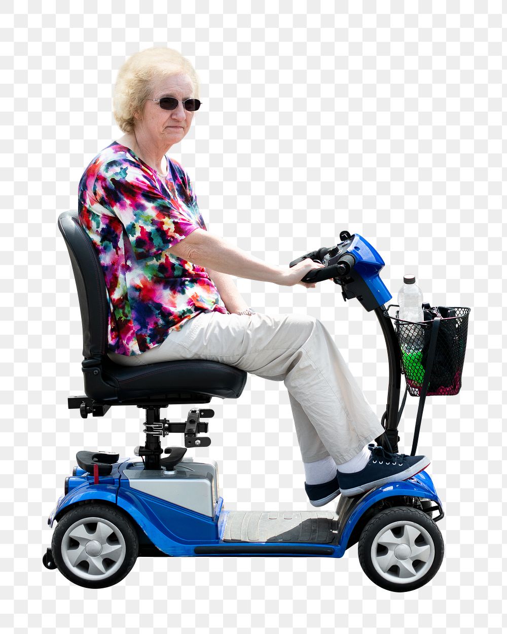 Old woman png riding mobility scooter, senior healthcare concept