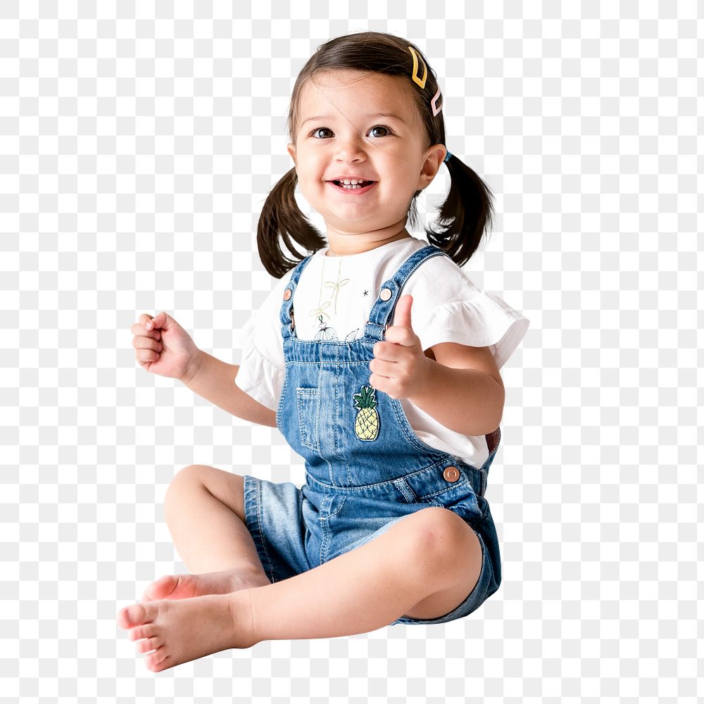 Little girl png clipart, cute toddler sitting on the floor, transparent background