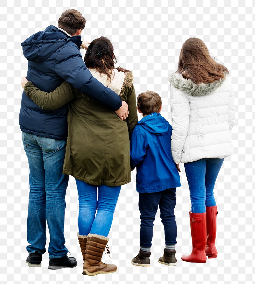Family png, winter vacation, rear view on transparent background