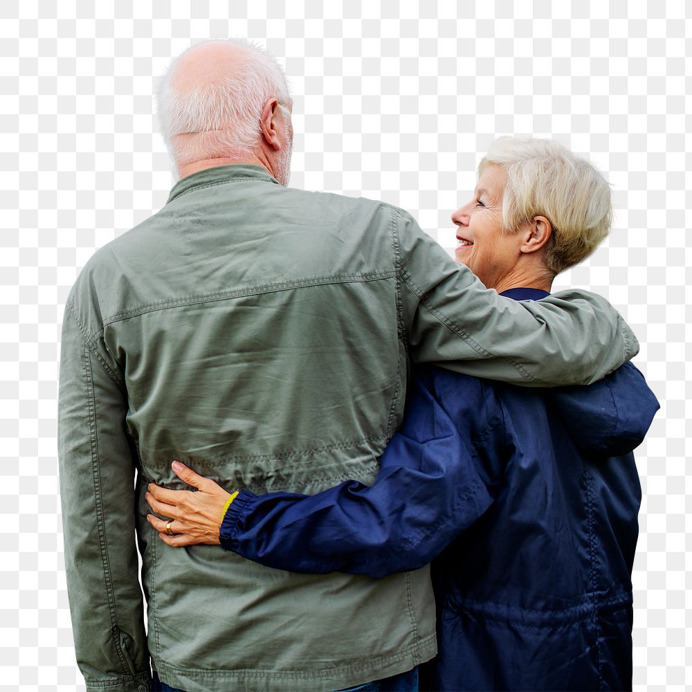 Retired couple png cut out, hugging rear view on transparent background