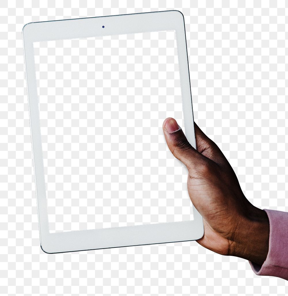 Hand holding a digital tablet mockup transparent png