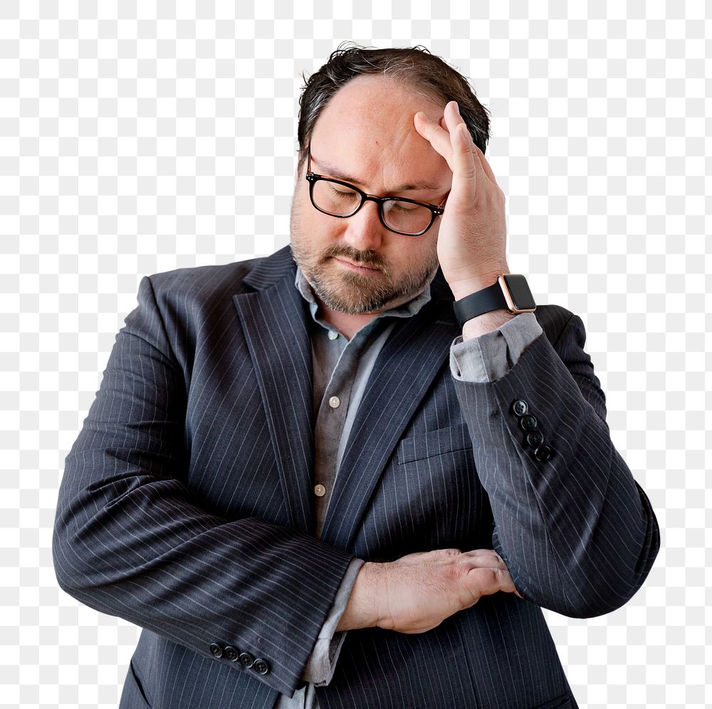 Stressed aged businessman touching his head transparent png