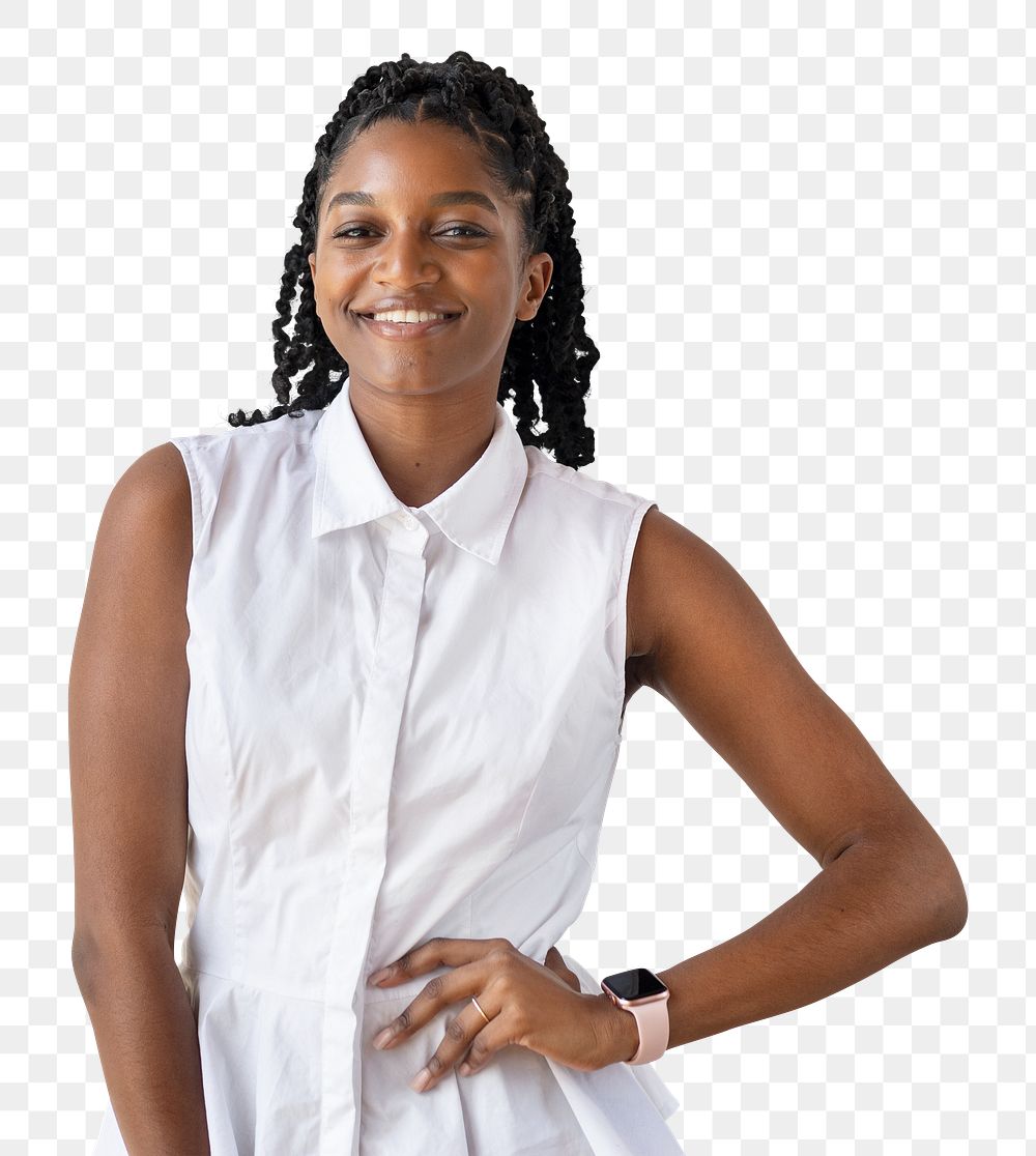 Portrait of a cheerful black woman transparent png
