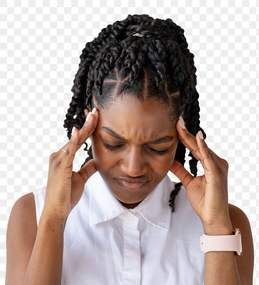Stressed woman touching her head transparent png