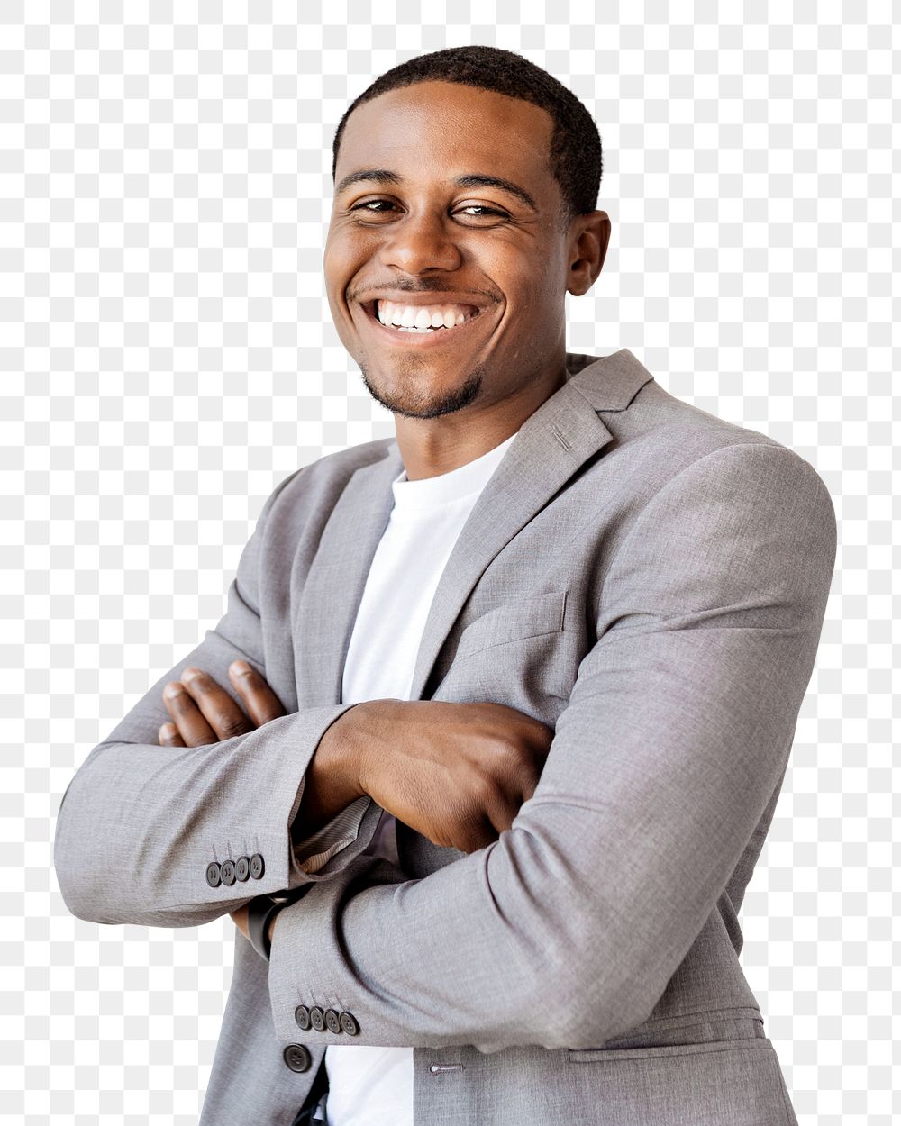 Cheerful businessman png portrait, crossing arm with a smile
