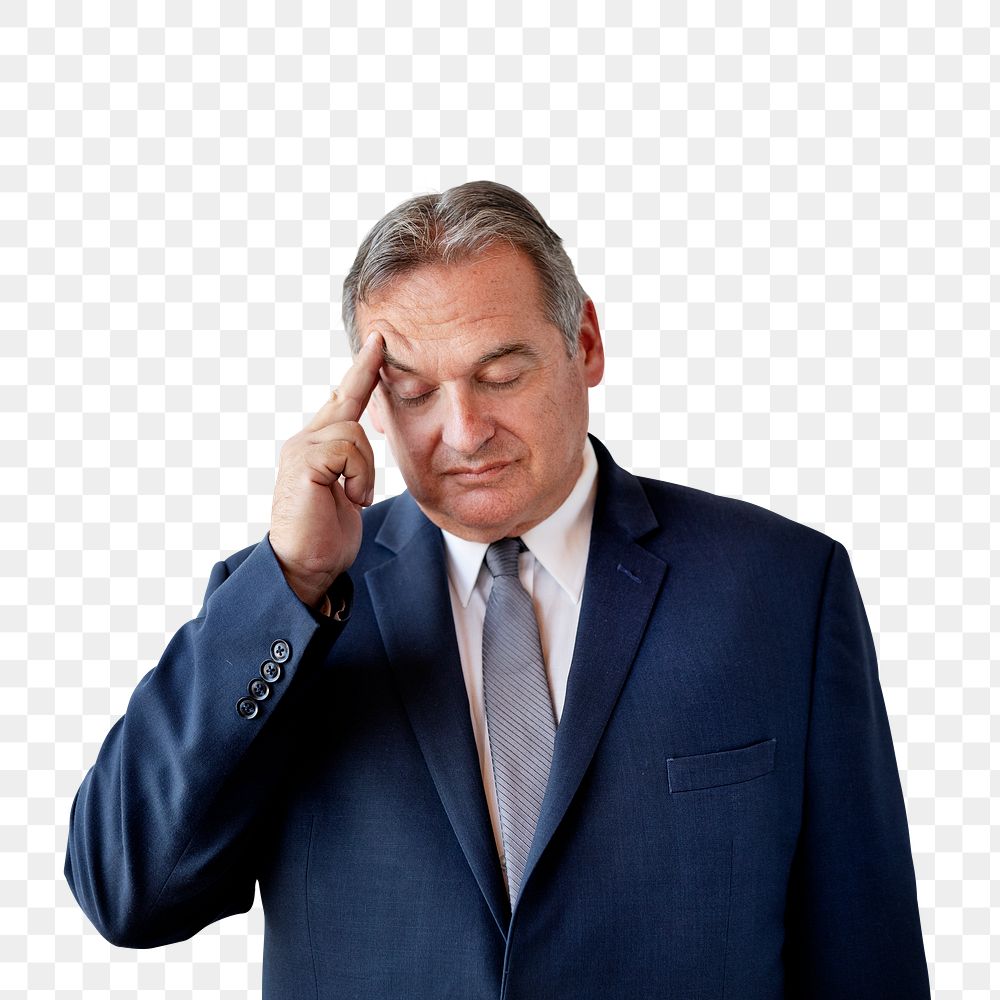 Stressed aged businessman touching his head transparent png