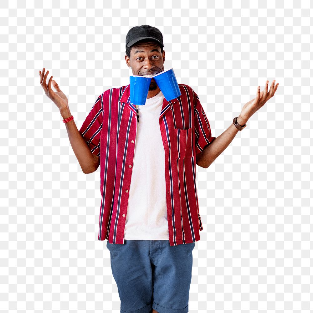 Cheerful young man holding blue cups transparent png