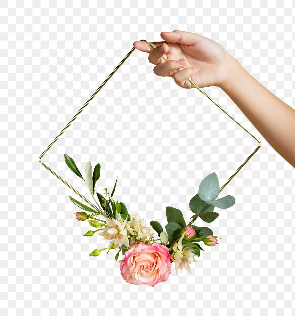 Woman holding a gold frame decorated with flowers transparent png