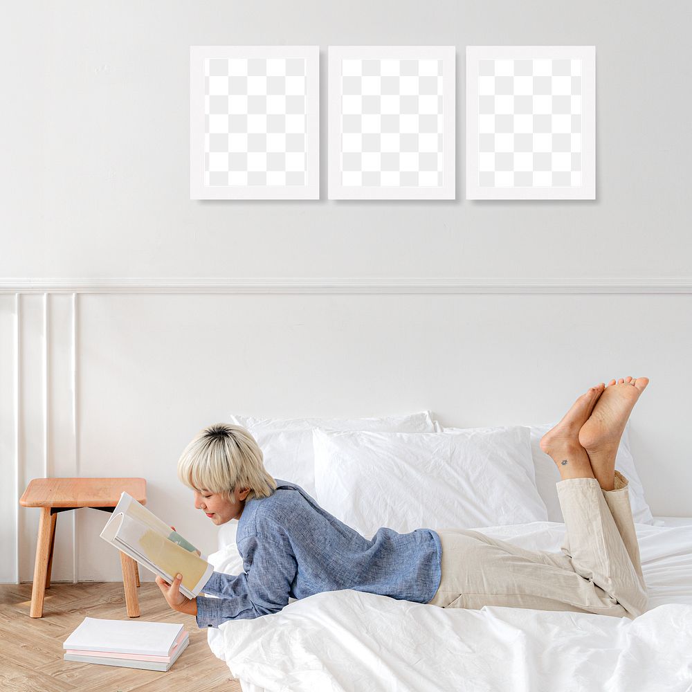 Picture frame mockups in a white bedroom