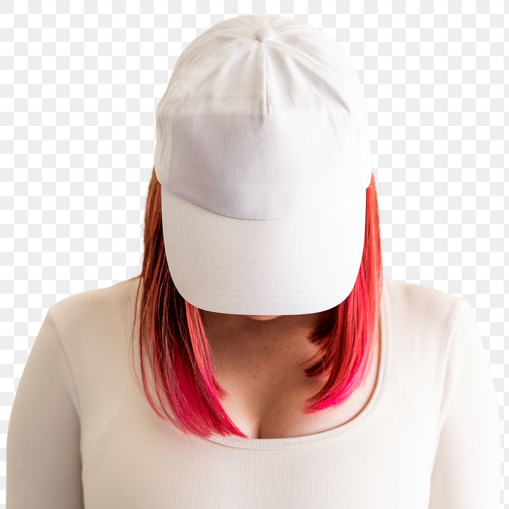 Pink hair woman in white cap mockup png