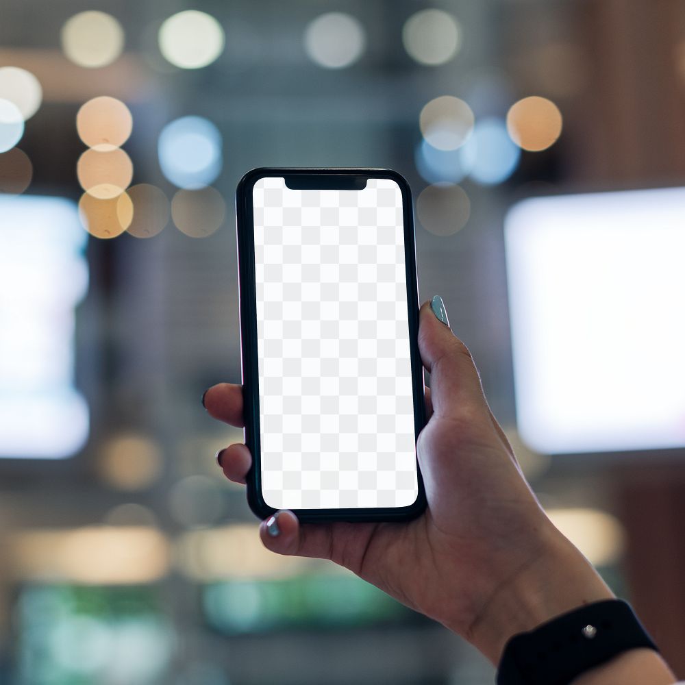 Transparent smartphone screen mockup png in the hands of a girl