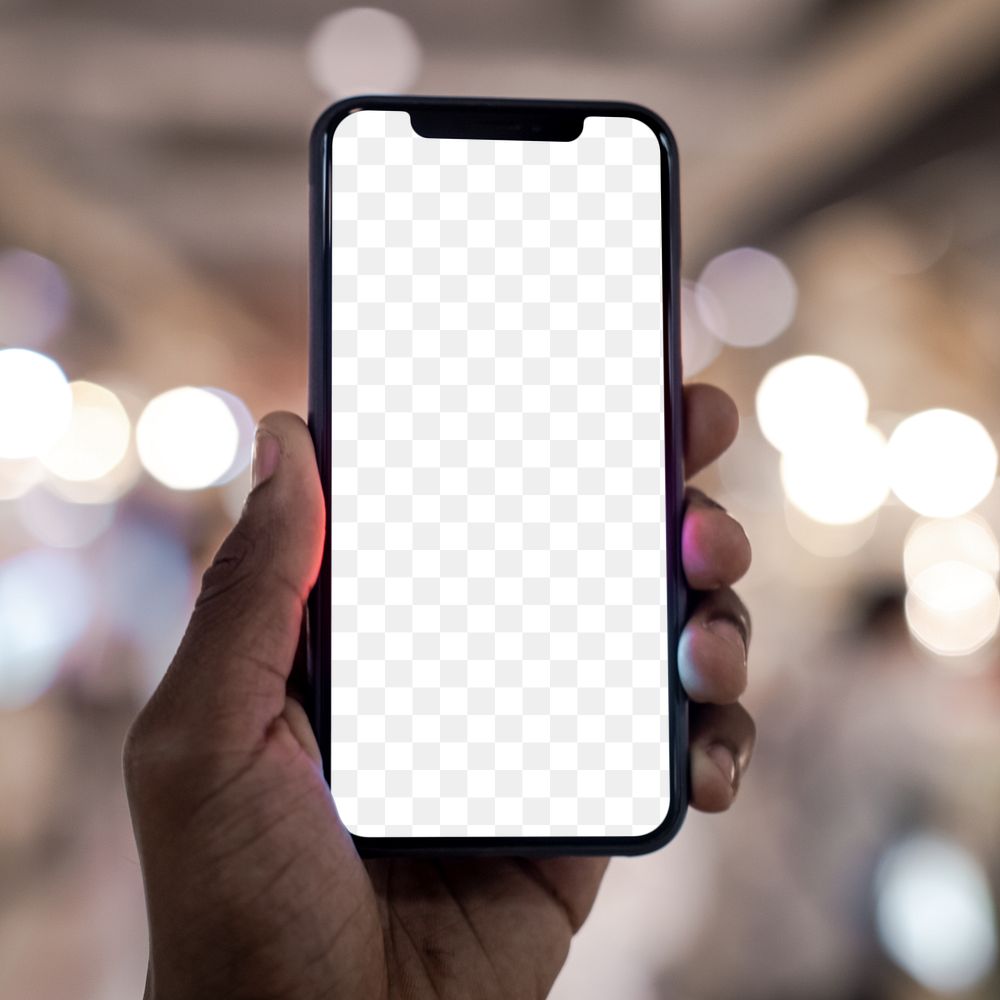 Transparent smartphone screen mockup png with bokeh city lights