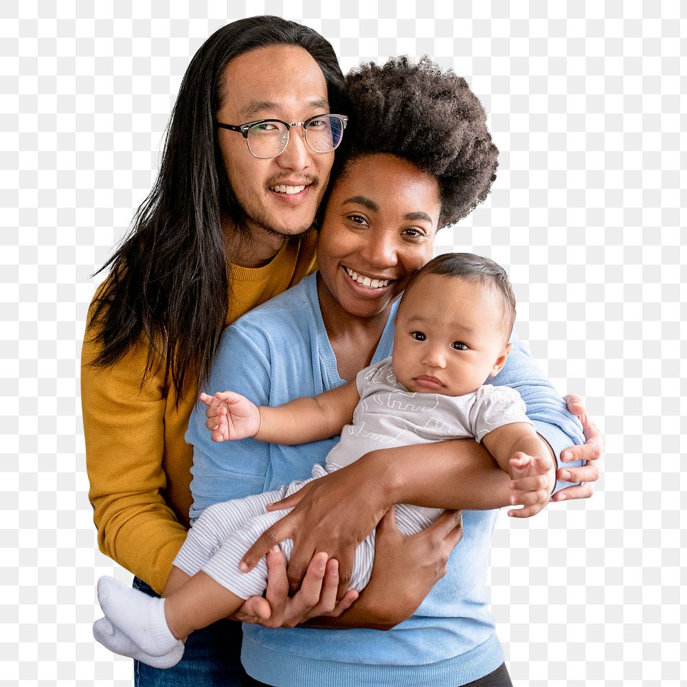 Happy diverse family png hugging their son