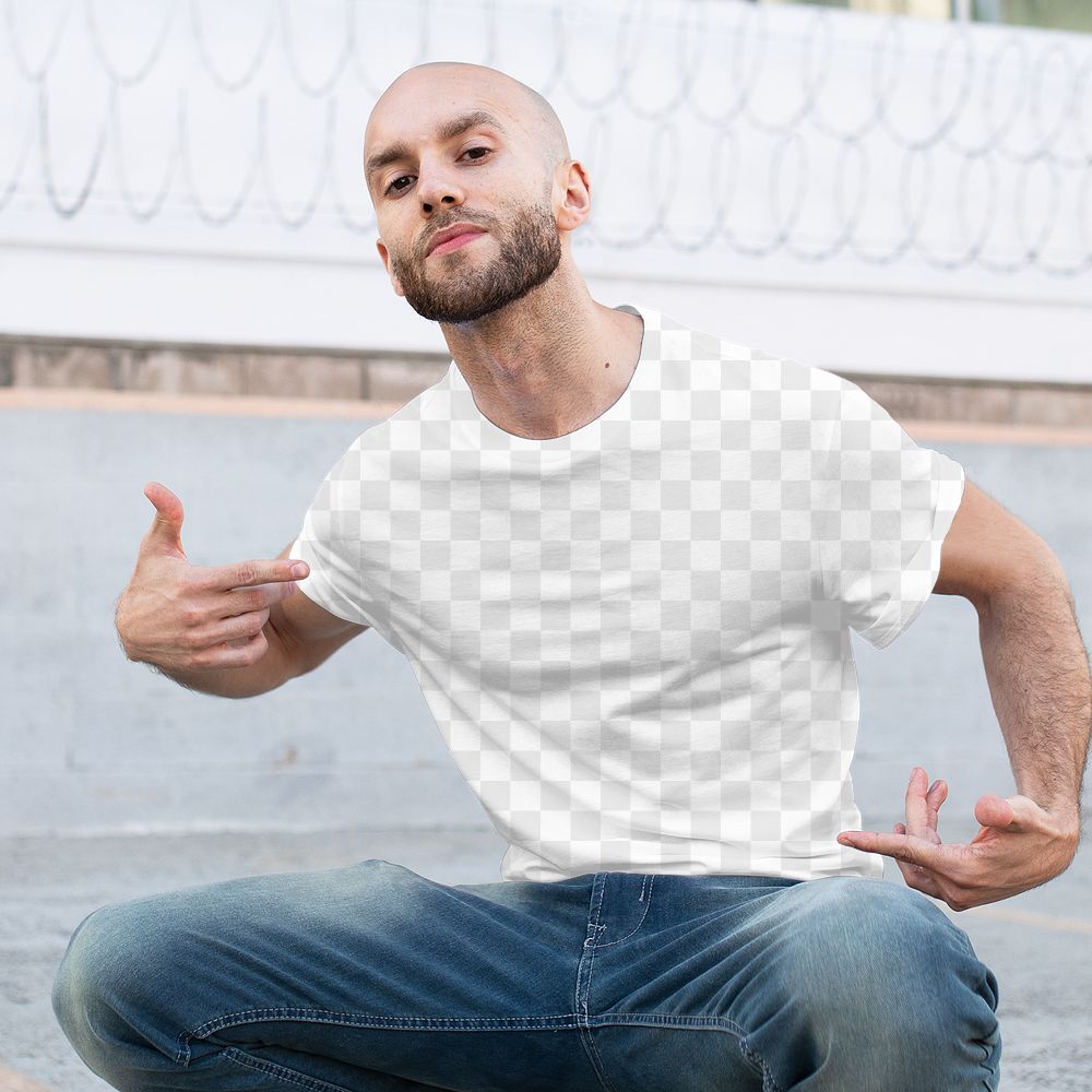 Png men&rsquo;s tee apparel mockup on a man in the city street style fashion
