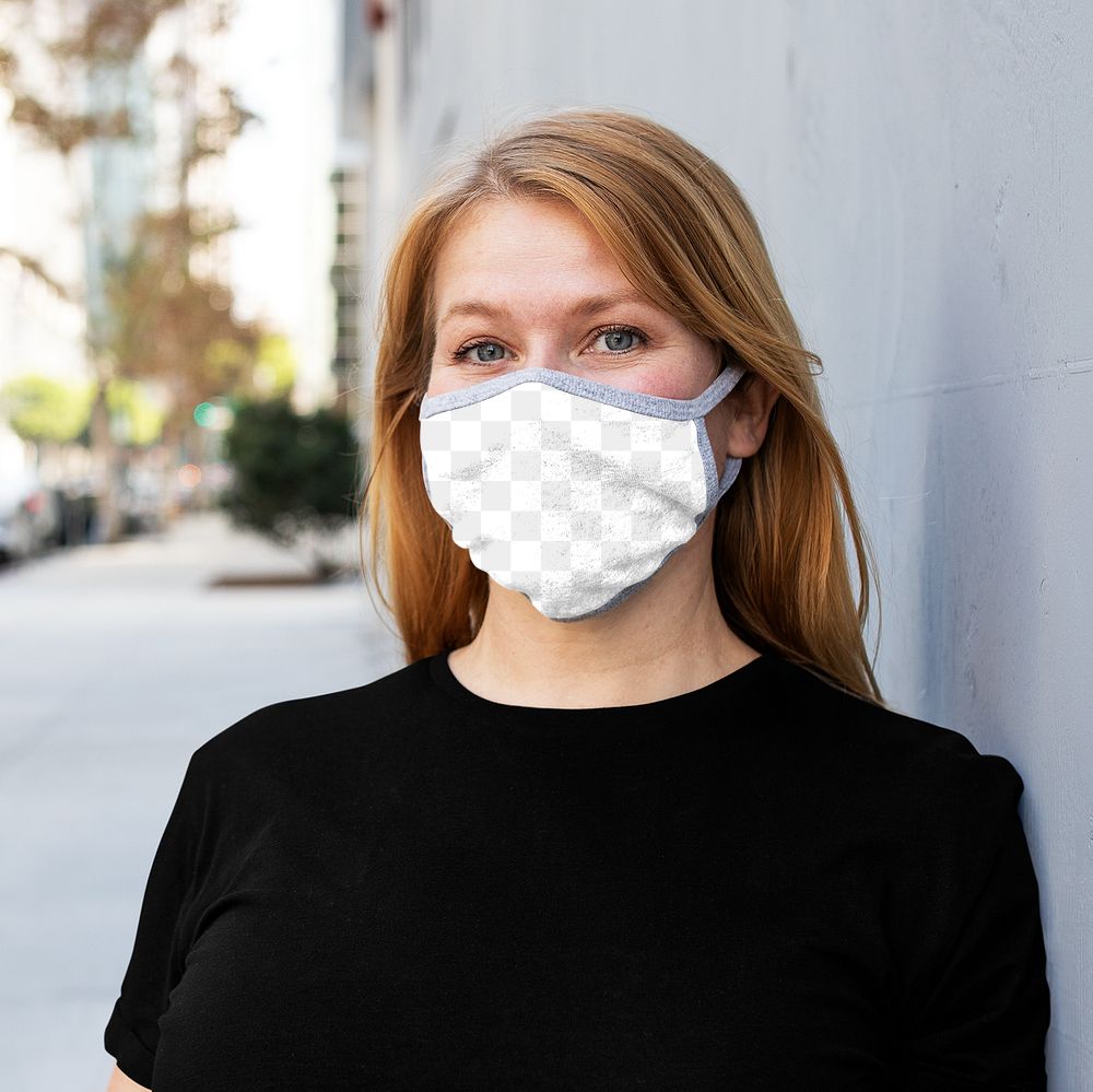 Png face mask mockup worn by a woman in the new normal