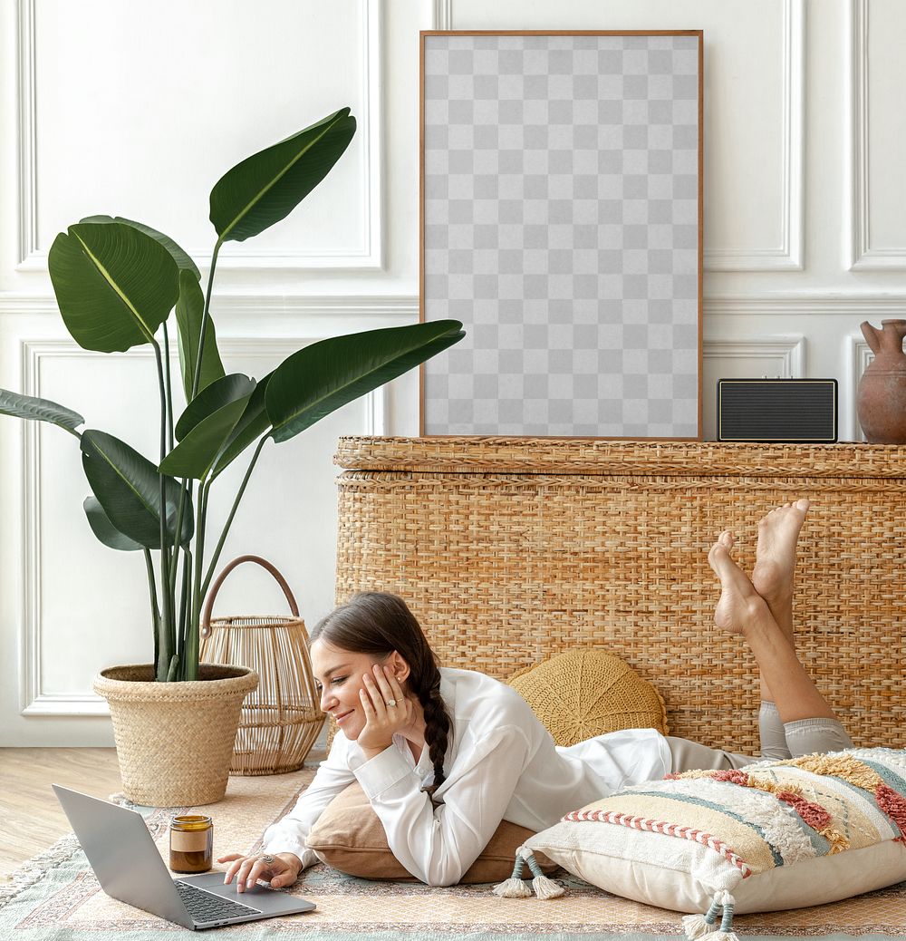 Picture frame mockup png with bohemian home decor