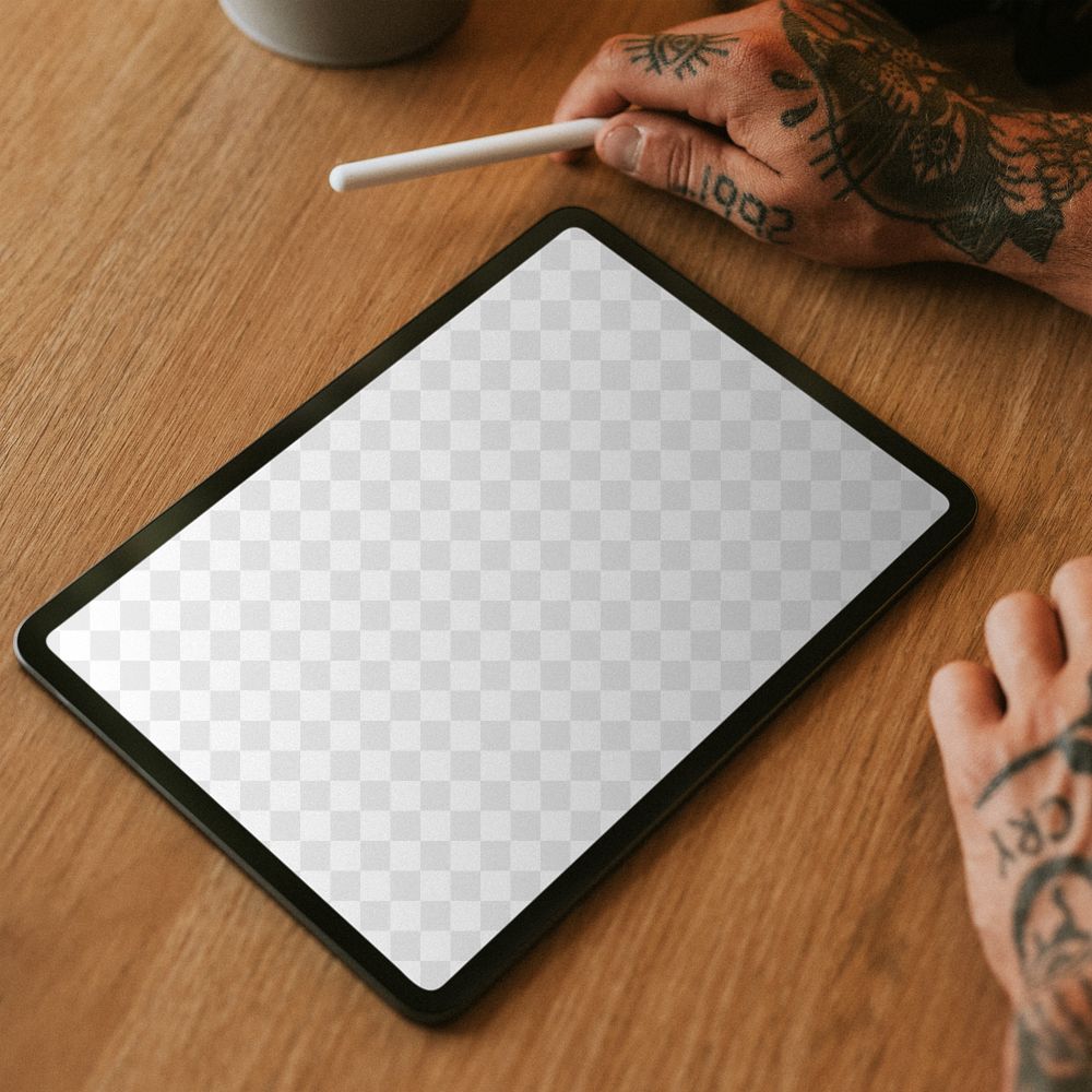 Tablet screen mockup png with a stylus pen