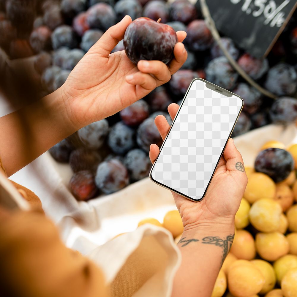 Phone png screen mockup, held by a woman doing grocery shopping