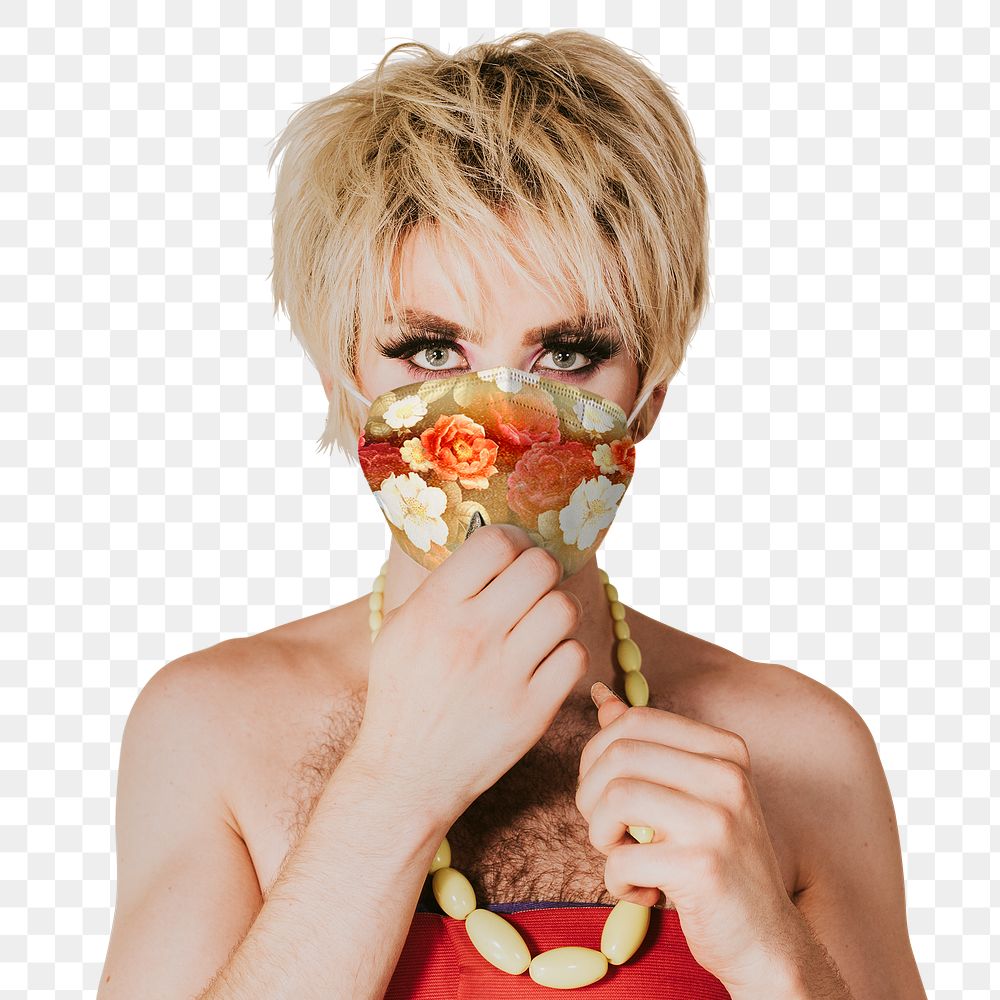 Drag queen artist png wearing floral face mask in the new normal