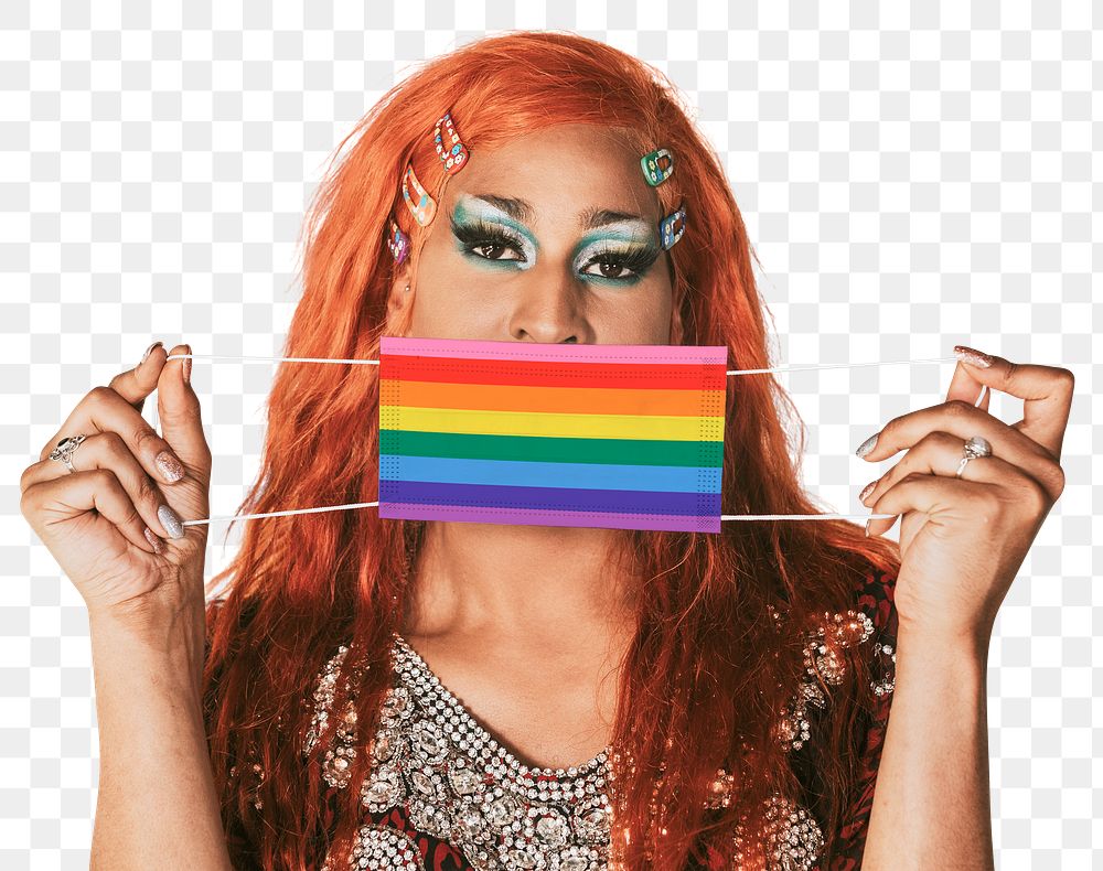 Drag queen png holding rainbow face mask in the new normal