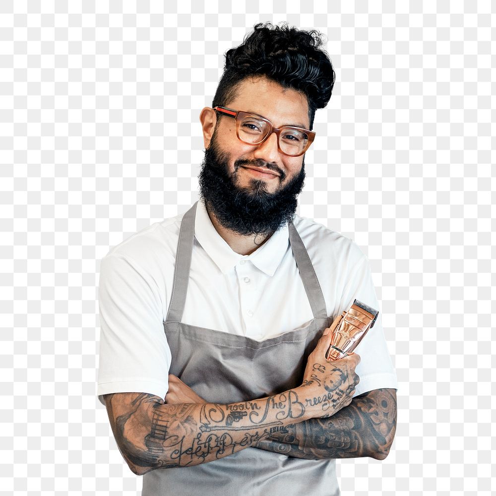 Cool barber png, small business owner in beige apron, half body cut out