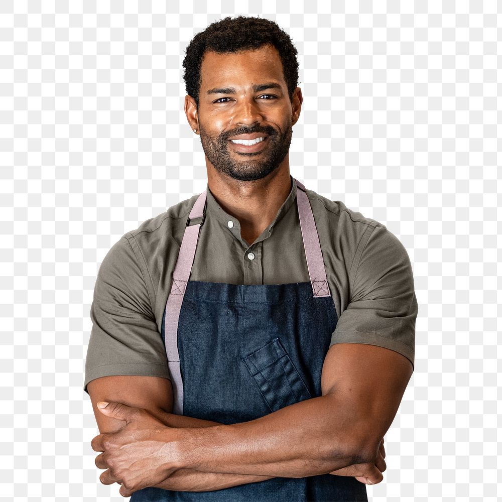 PNG man in apron, small business owner, half body cut out