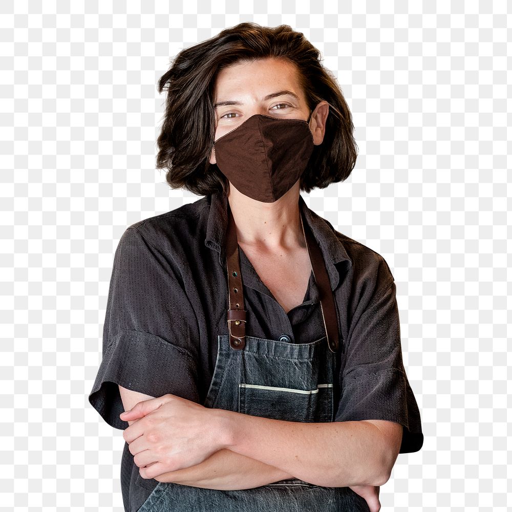 PNG person in apron, small business owner wearing black face mask, new normal lifestyle, half body cut out