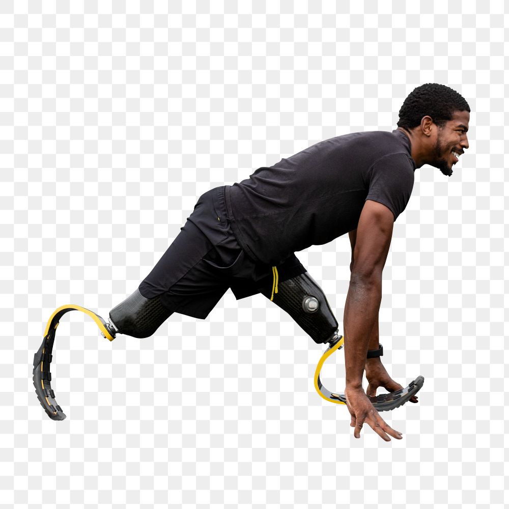 Paralympic athlete png with prosthetic legs warming up by stretching before exercising