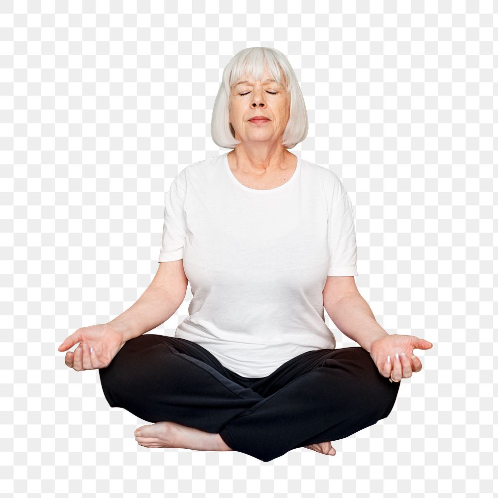 Senior woman png meditating cut out on transparent background