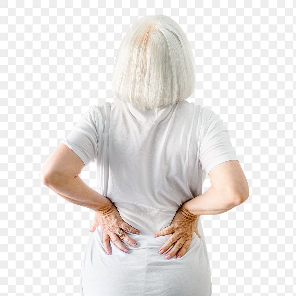 Senior woman png cut out, back pain symptom on transparent background