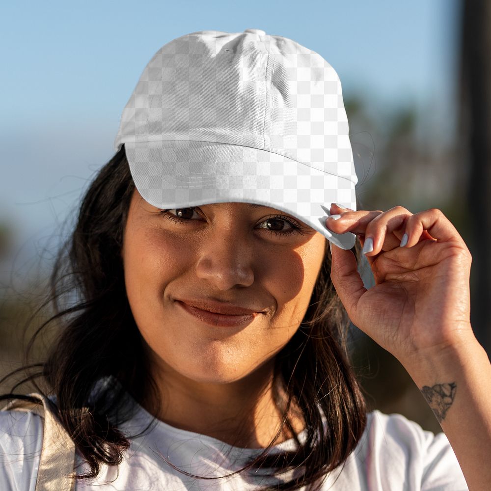 Transparent cap mockup png, Latina woman tipping her hat