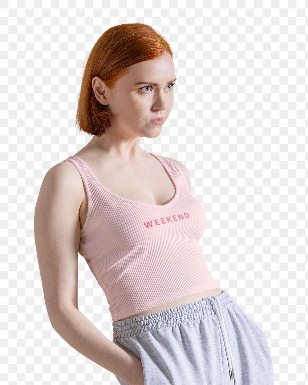 Woman png, wearing pink tank top and gray pants