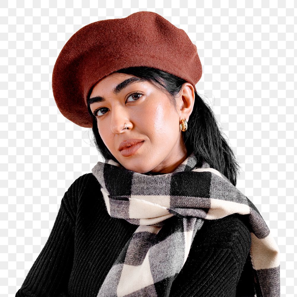 PNG woman in autumn outfits, black sweater with plaid scarf and brown beret