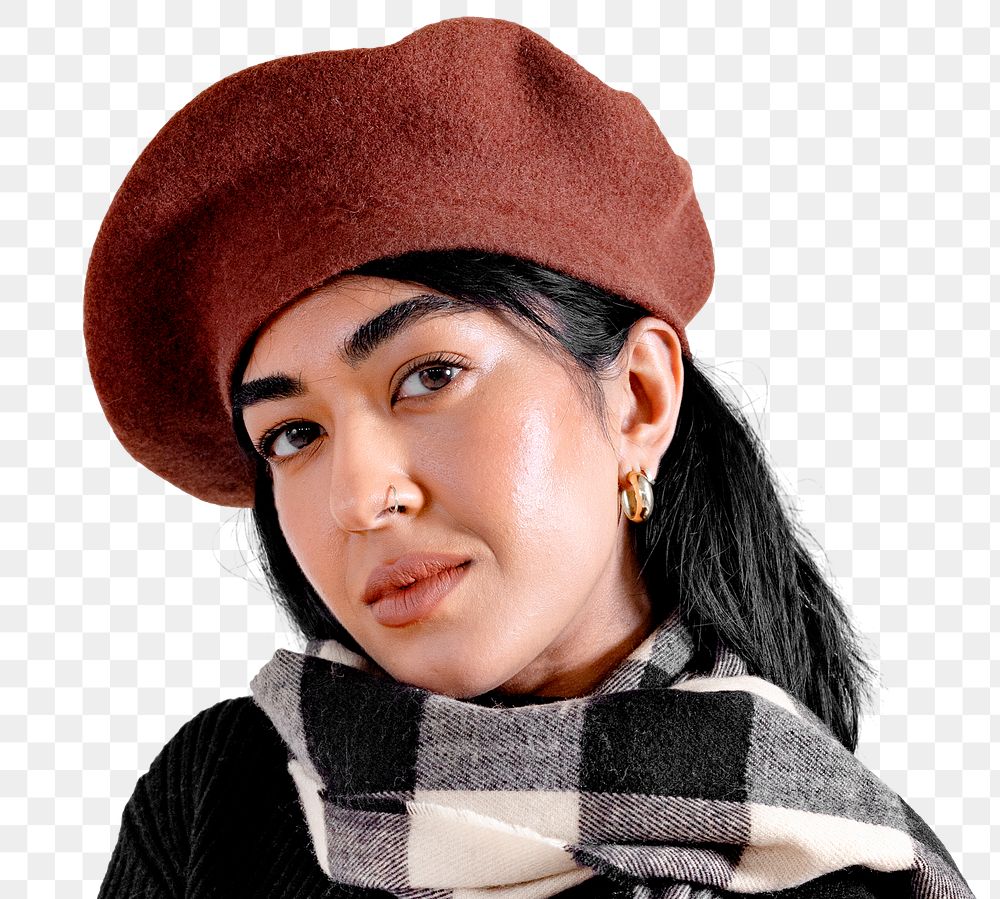 PNG woman with brown beret, autumn fashion design element